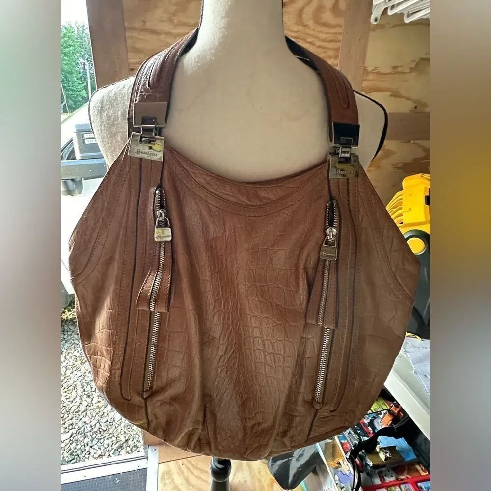 B Makowsky Brown Croc-Embossed Leather Shoulder Bag